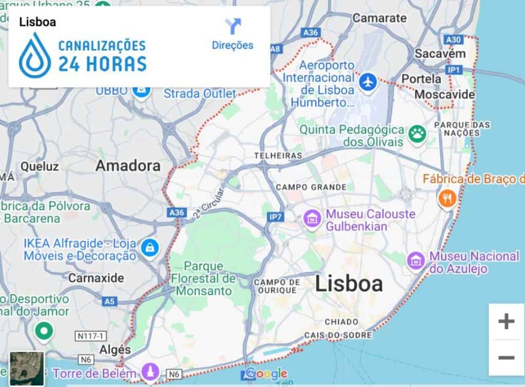 Localização de Lisboa destacada no mapa, área de atuação para serviços de desentupimentos 24 horas.