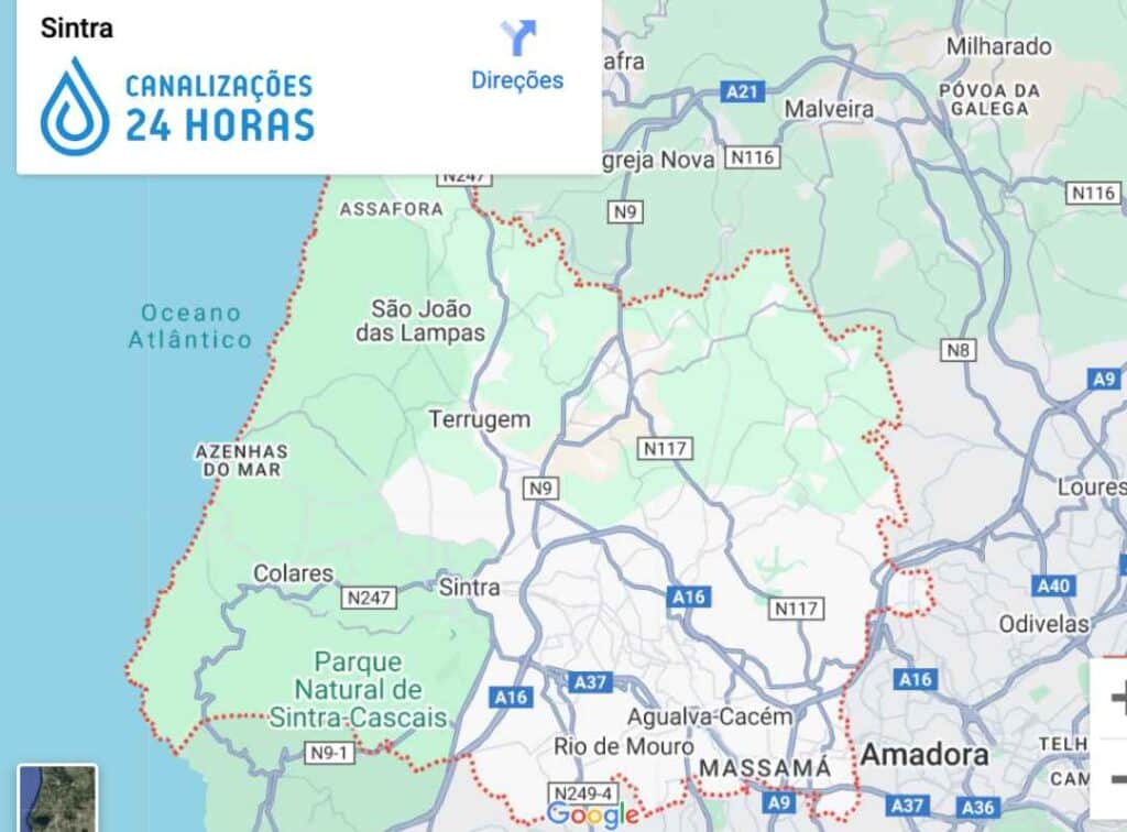 Localização de Sintra destacada no mapa, área de atuação para serviços de desentupimentos 24 horas.