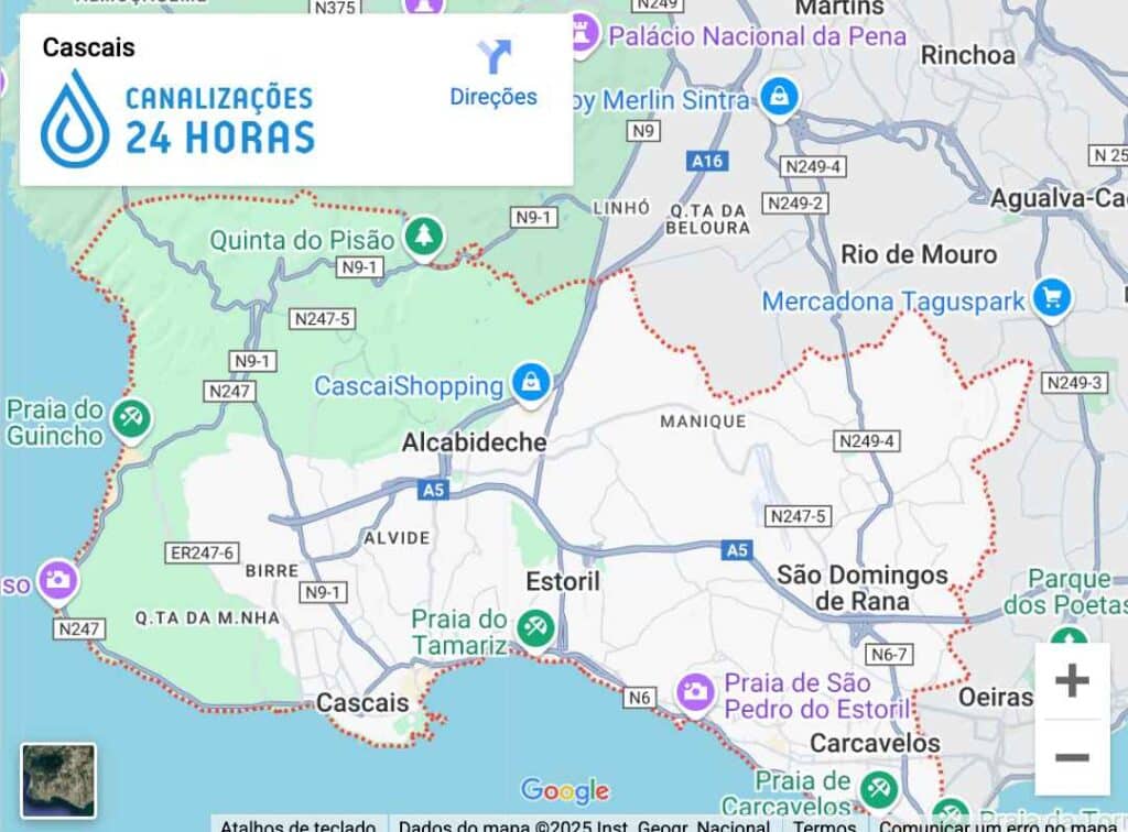 Mapa de Cascais com destaque para as áreas atendidas pelos serviços de canalizadores profissionais.