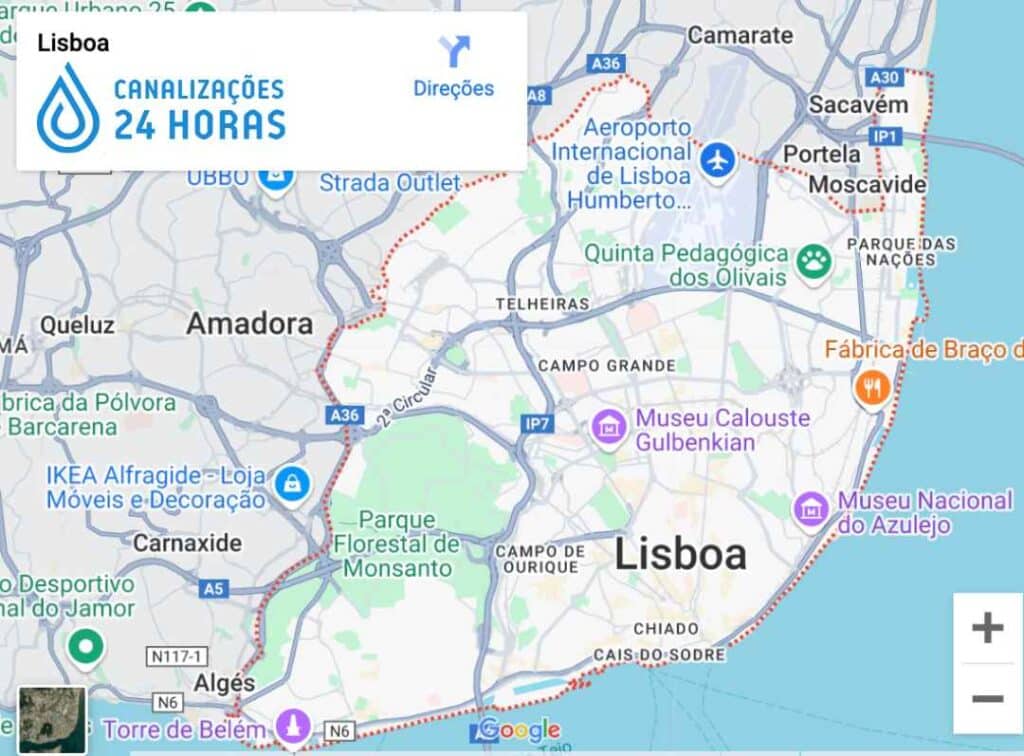 Mapa de Lisboa com destaque para os serviços de canalização em todas as zonas da cidade.