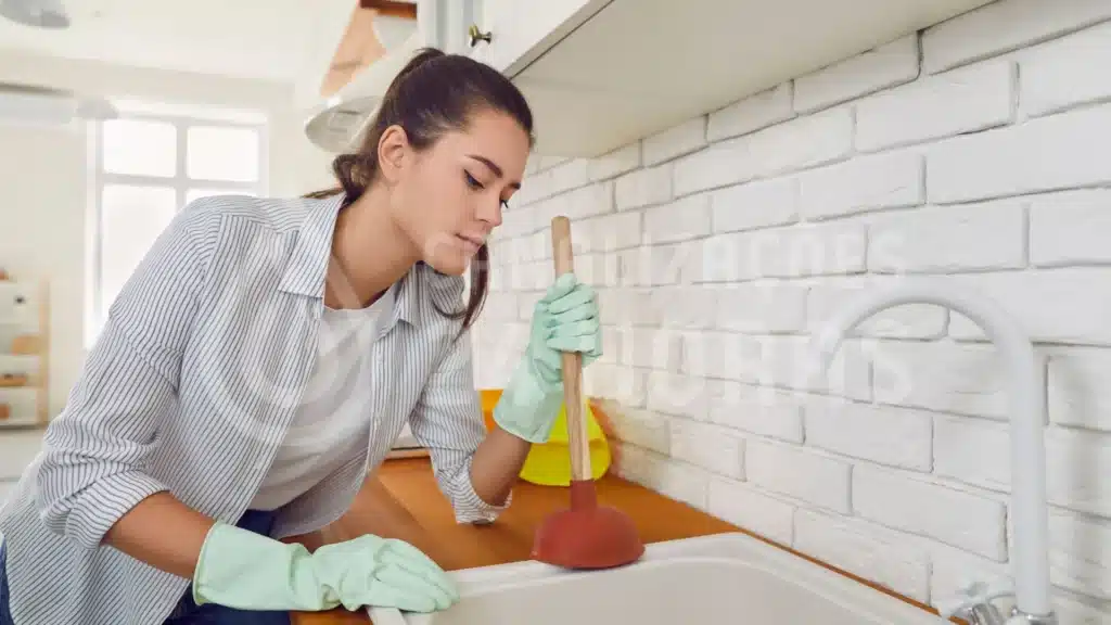 Pessoa a usar desentupidor manual num lava-loiça entupido